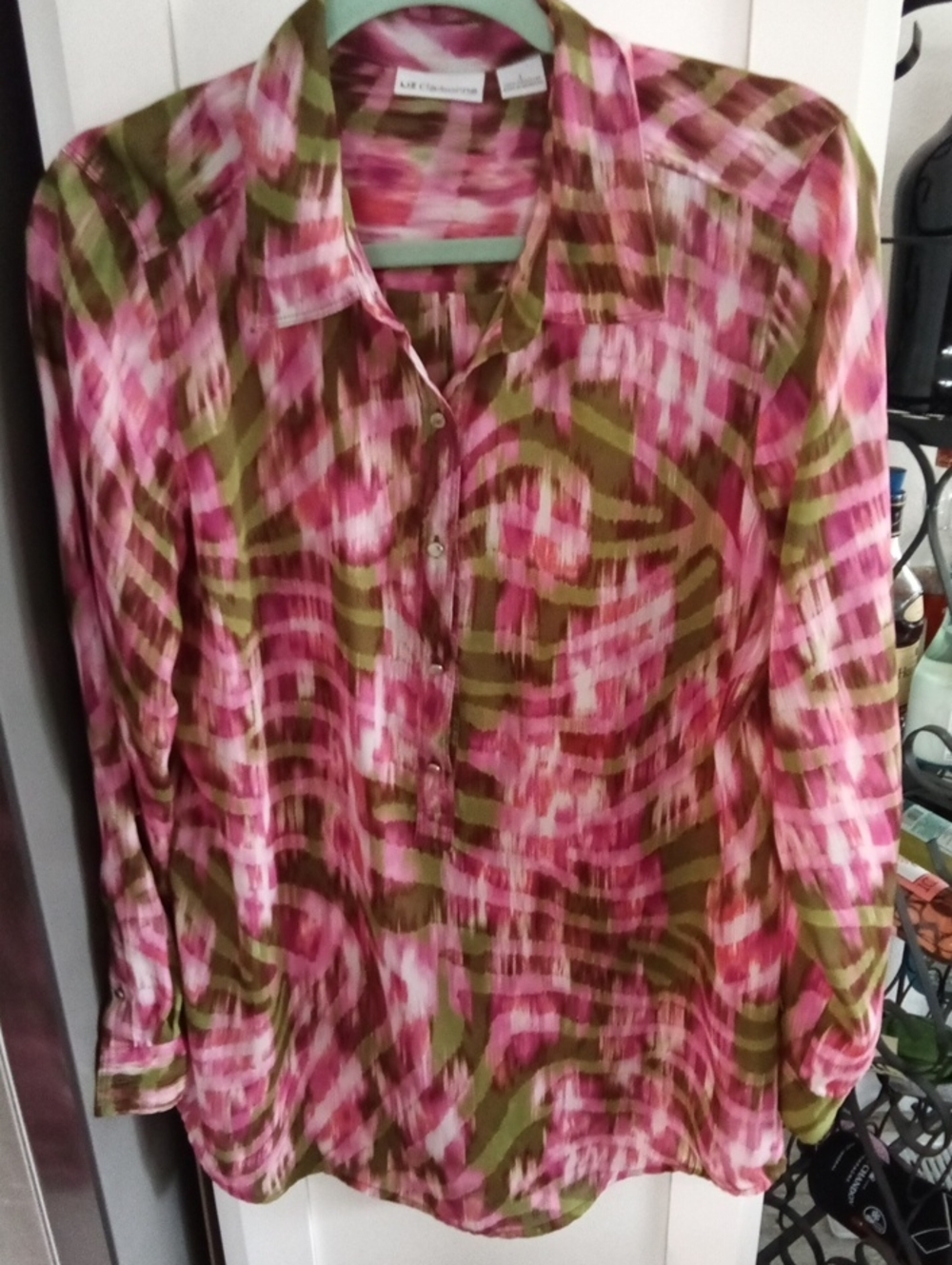 Liz Claiborne Pink and Olive Abstract Print Button-Front Blouse